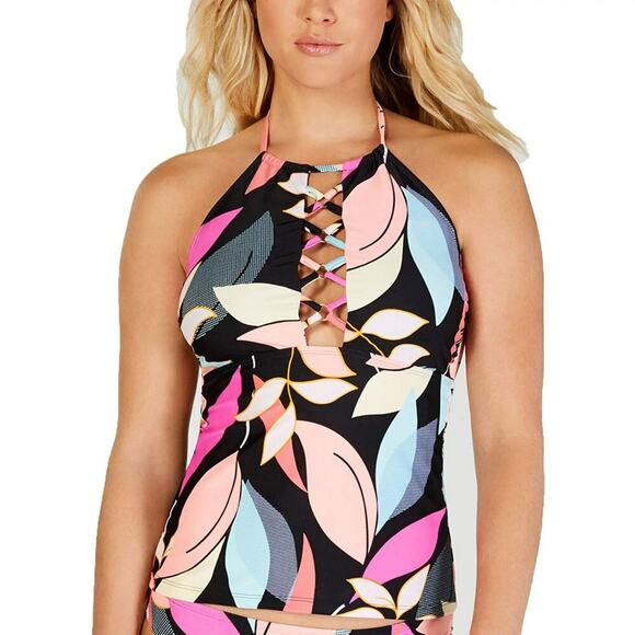 Hula Honey Women's Black Jungle Boogie High Neck Halter Strap Tankini Top Medium - Picture 1 of 10